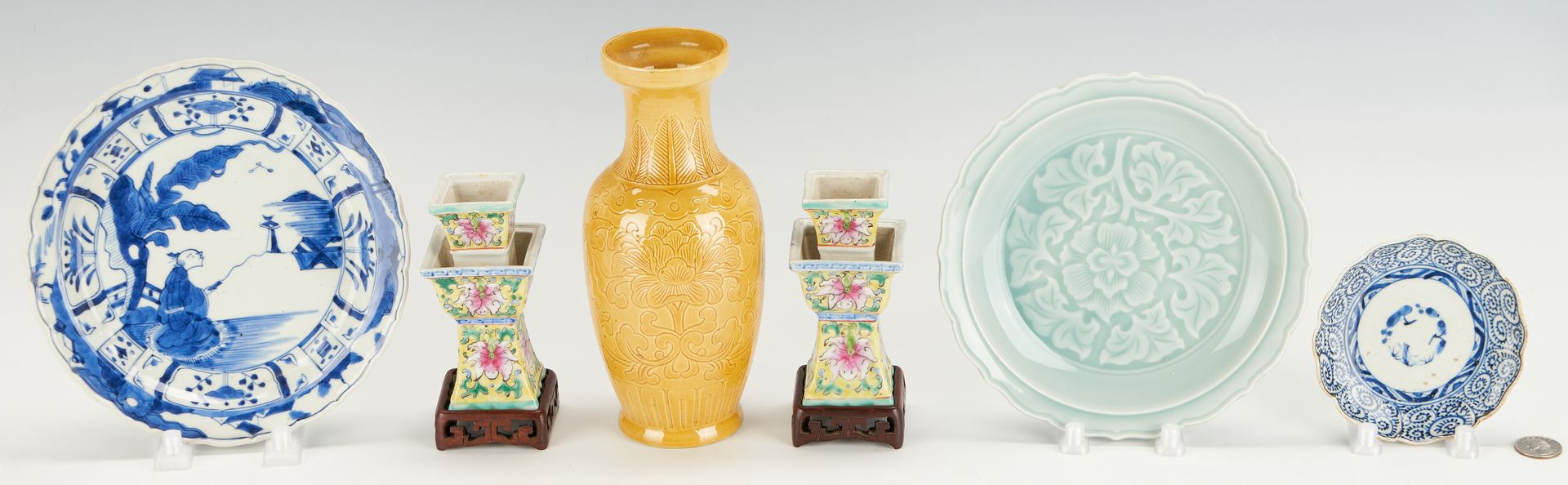 Lot 1074: 6 Pcs. Asian Porcelain, incl. Yellow-Ground Candlesticks