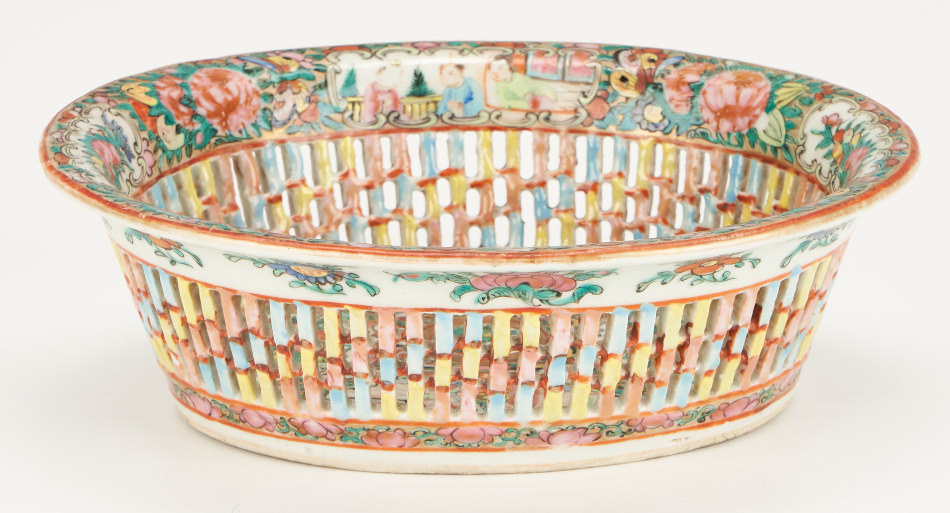 Lot 1076: Chinese Export Rose Medallion Porcelain Plates & Basket, 9 Pcs.