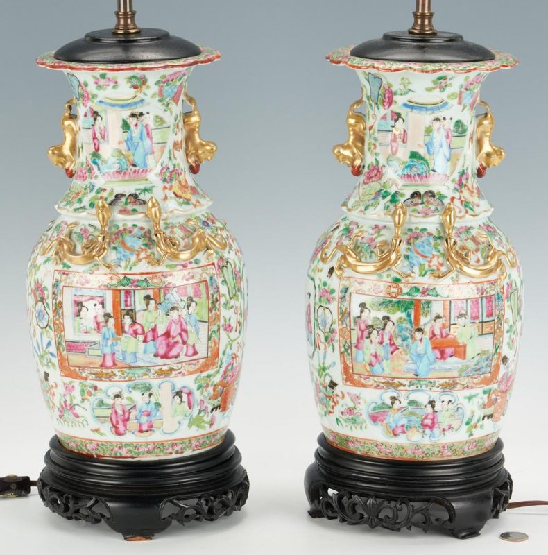 Lot 1077: Pair Chinese Famille Rose Lamps