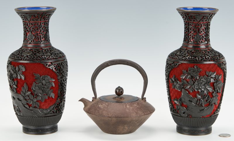 Lot 1096: Pair Chinese Cinnabar Vases  & Signed Japanese Tetsubin Teapot, 3 Pcs.