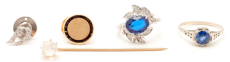 Lot 1111: 2 Sapphire Rings, 1 Moonstone Pin, 1 Garnet Pin, & 1 Diamond Pin, Total Five (5) Items