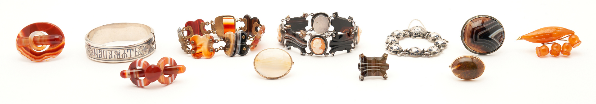 Lot 1119: 9 Agate Jewelry Items & 2 Russian Silver Bracelets, 11 items