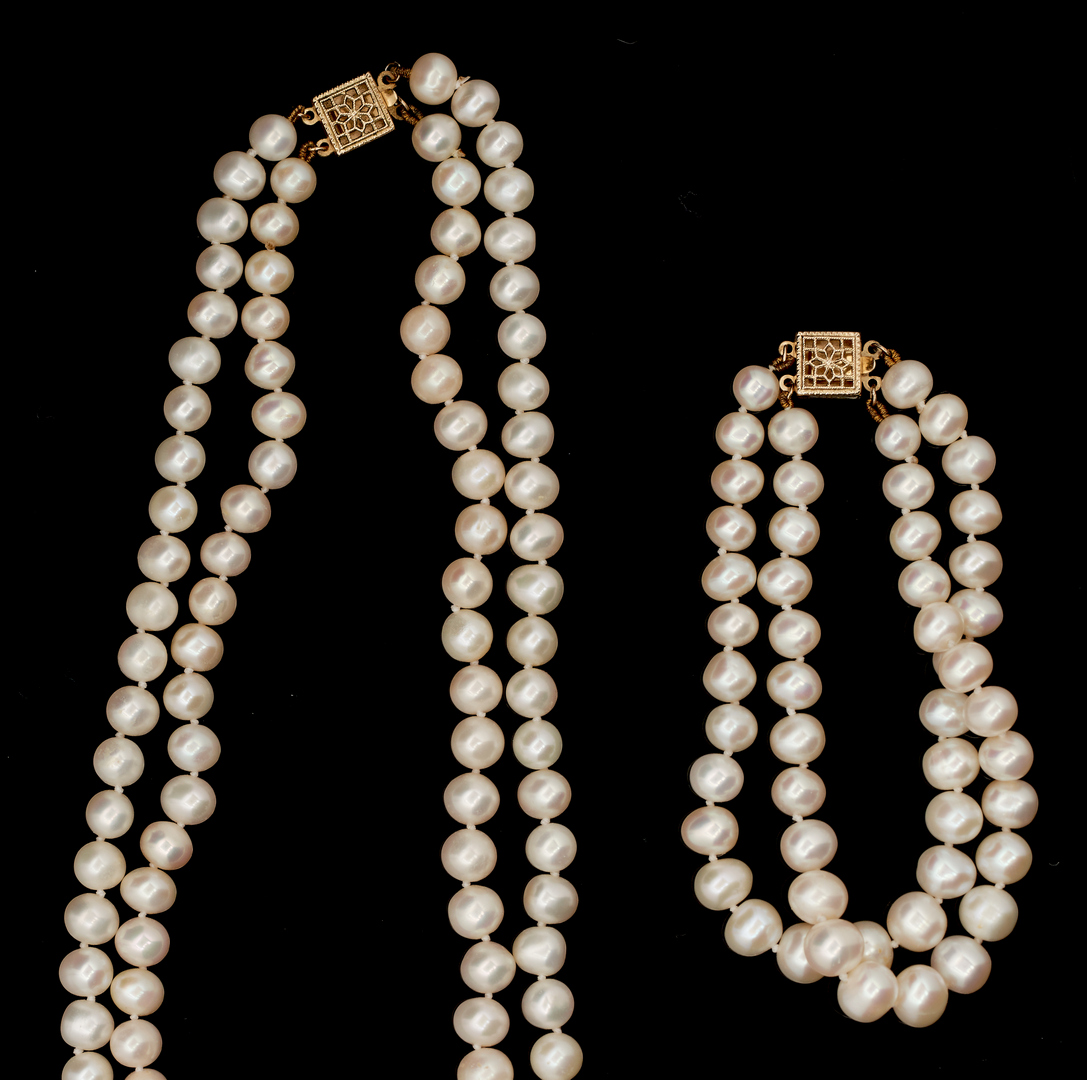 Lot 1138: 4 Pearl Jewelry Items, Double Strand Necklace, Bracelet & 2 Prs. Earrings