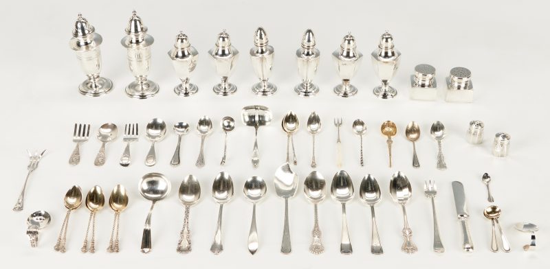 Lot 1142: 52 Pcs. Assorted Silver, incl. Salt & Pepper Shakers, Flatware