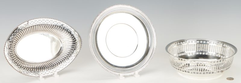 Lot 1147: 3 Reticulated Sterling Table Items: Basket, Bowl, & Plate
