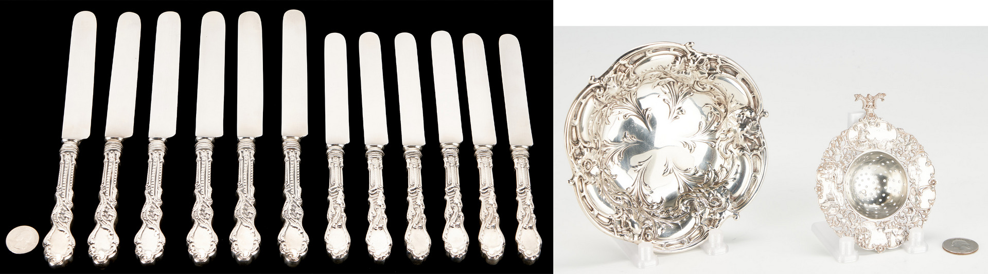Lot 1155: 14 Pcs. Silver, incl. Les Six Fleurs bowl, Versailles Knives
