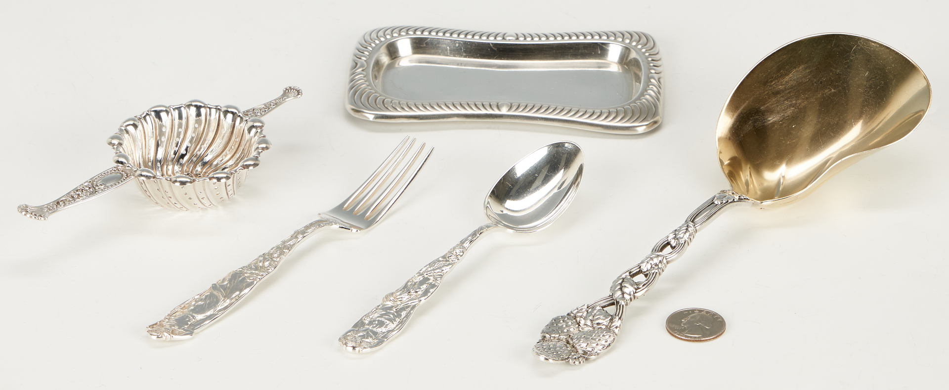 Lot 1158: Tiffany Sterling Spoons & Fork plus Strainer, Tray