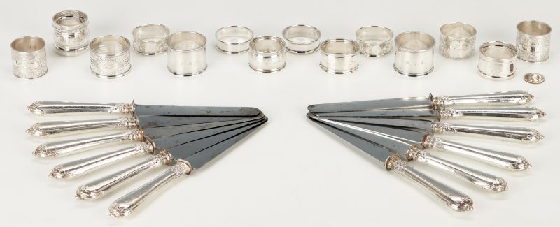 Lot 1163: 12 French Cased Silver Knives and 14 Napkin Rings