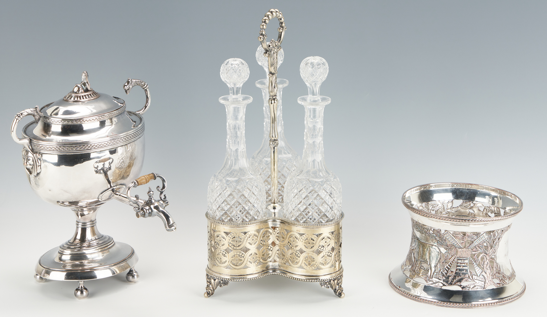 Lot 1168: Silverplated Urn, Bottle Stand, Dish Ring & Christofle Flatware