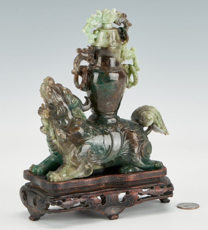 Lot 11: Chinese Jade Temple Lion with Urn, Inlaid Silver Stand