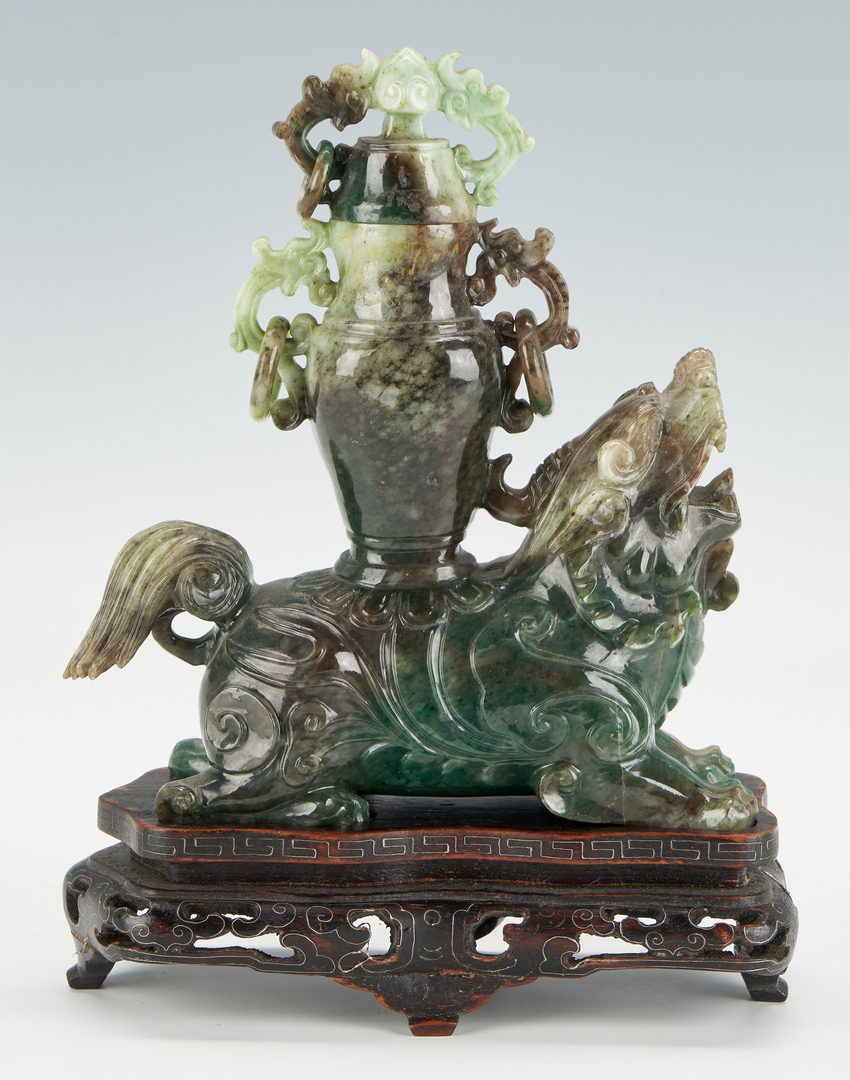 Lot 11: Chinese Jade Temple Lion with Urn, Inlaid Silver Stand