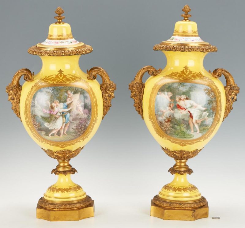 Lot 127: Large Pair of Sevres Style Bronze Mounted Decorated Porcelain Urns
