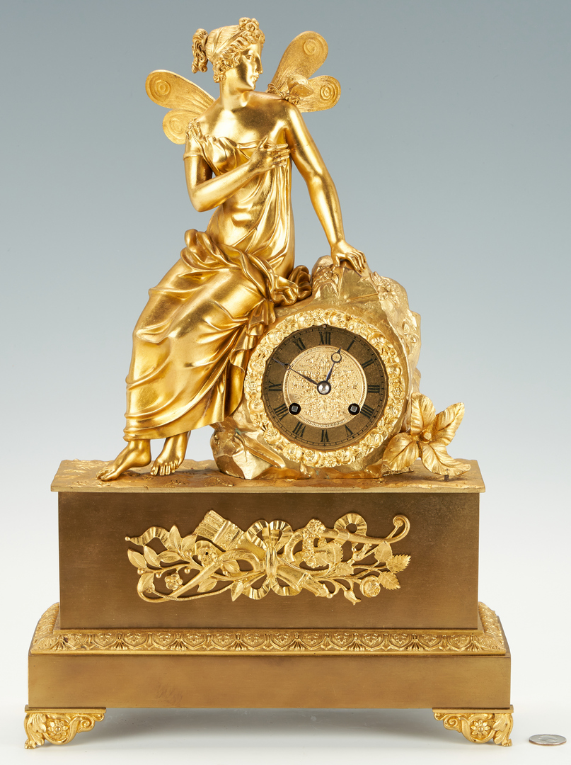 Lot 129: French 19th c. Gilt Bronze Mantle Clock with Winged Figure