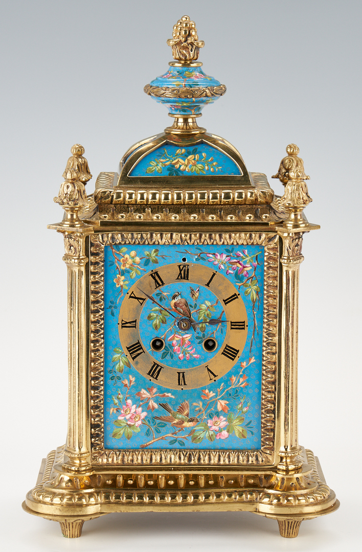 Lot 130: 3 Pc. Cloisonne and Ormolu Clock Garniture Set, Japy Freres