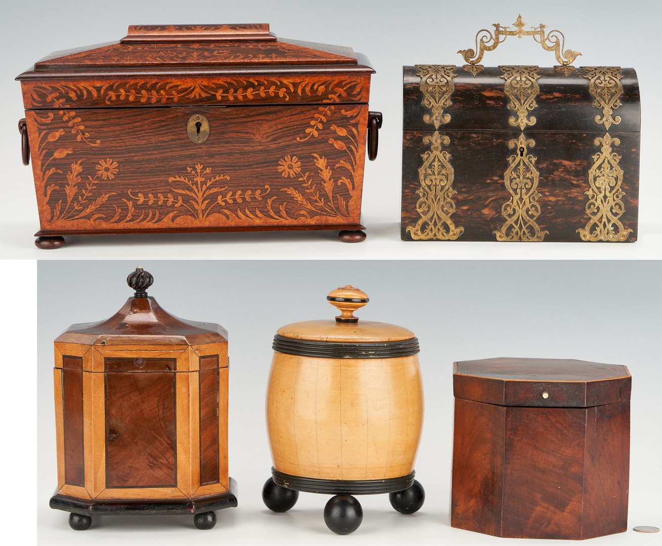 Lot 139: 5 Antique Boxes including Tea Caddies, Tobacco Boxes