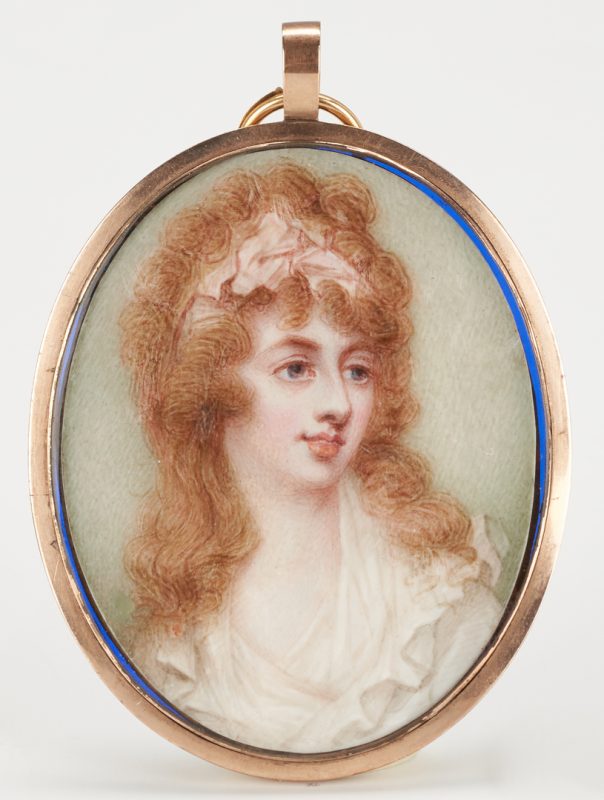 Lot 156: Portrait Miniature, Woman w/ Pink Ribbon