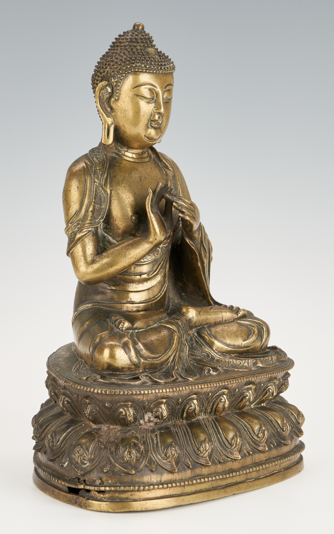 Lot 15: Asian Bronze Buddha Figure & Chinese Carved Buddha Altar Shrine, 2 items