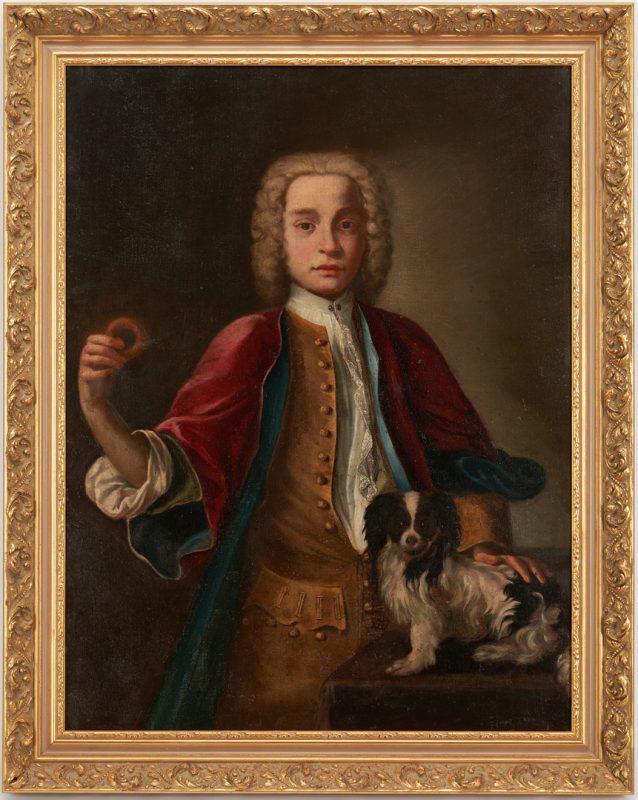 Lot 171: Continental School Oil Portrait, Young Man with Dog