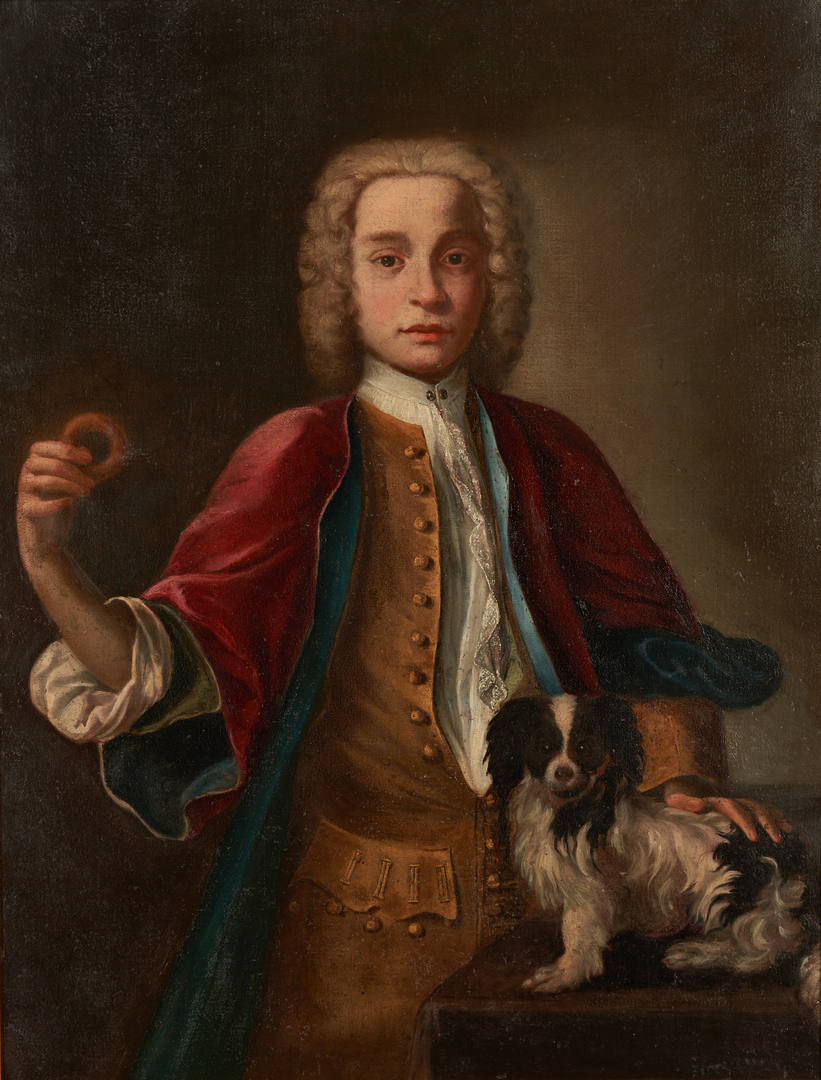 Lot 171: Continental School Oil Portrait, Young Man with Dog