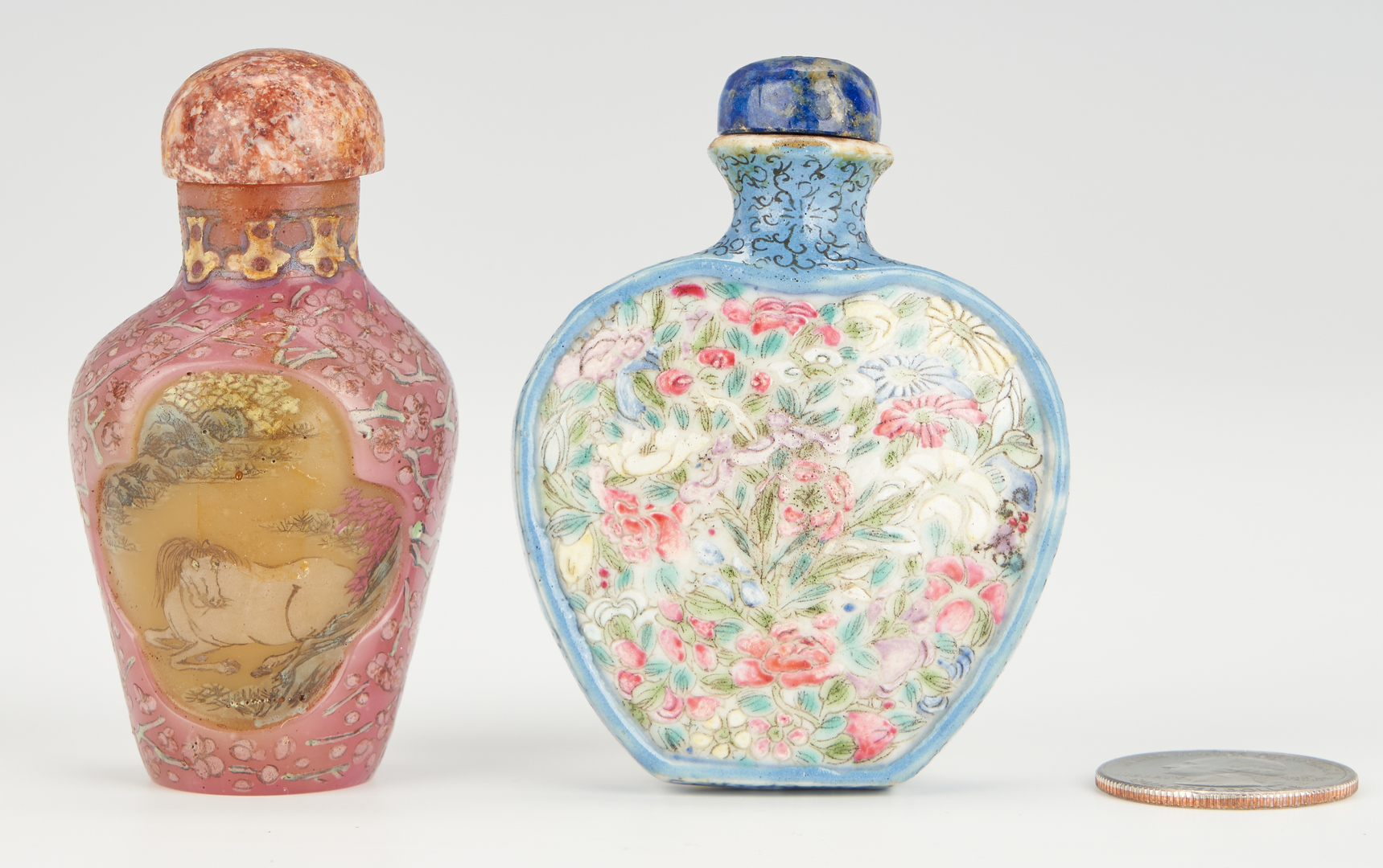 Lot 18: 2 Chinese Snuff Bottles, Porcelain and Peking Glass