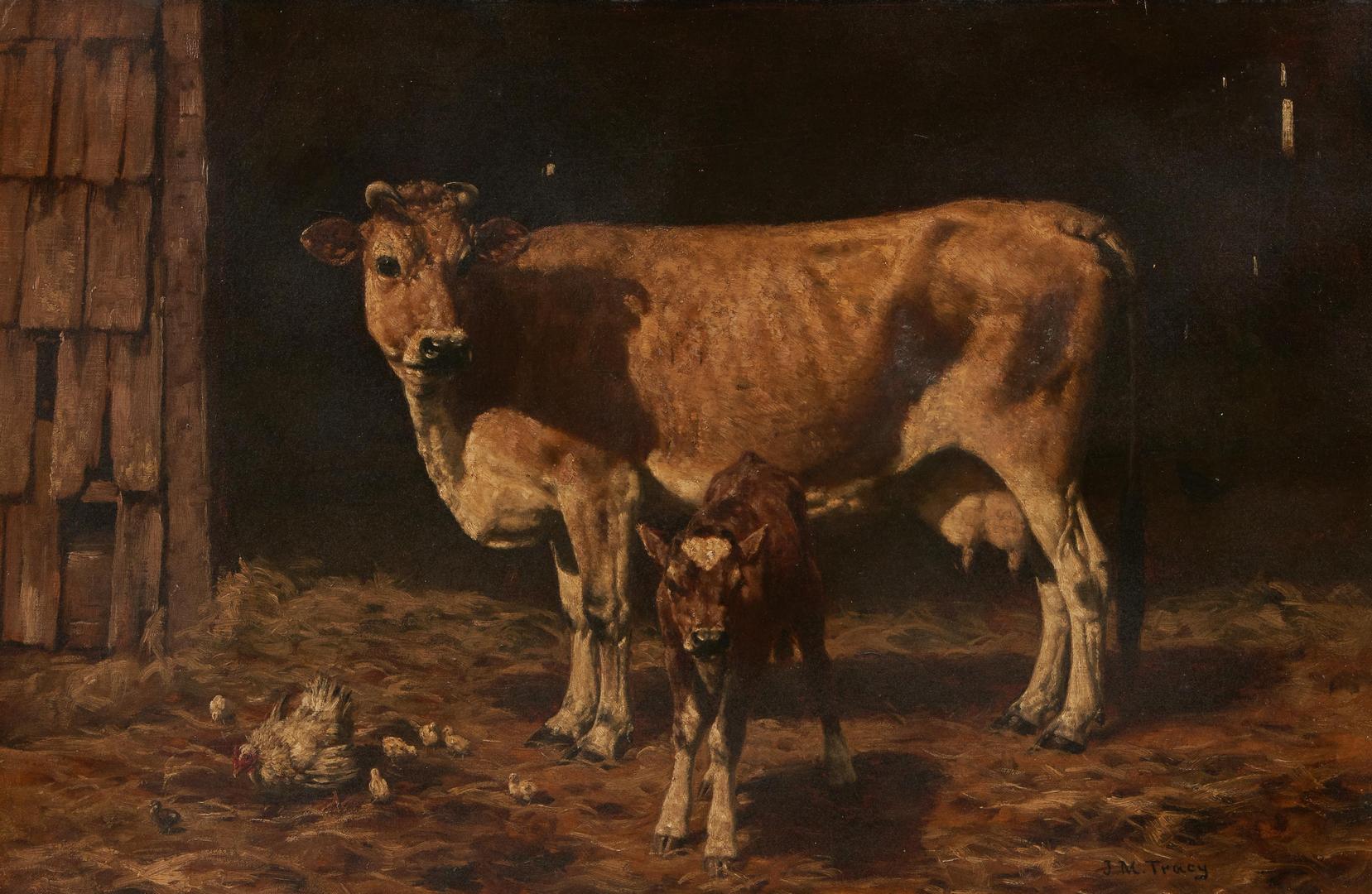 Lot 193: John M. Tracy O/C Painting of a Cow and Calf