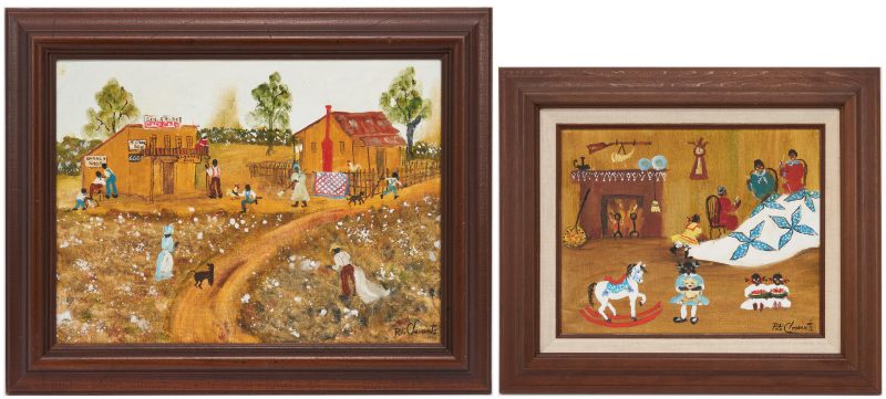 Lot 216: 2 Peti Clements Folk Art Paintings: Quilting Bee, General Store
