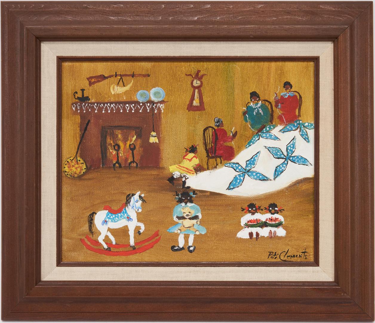 Lot 216: 2 Peti Clements Folk Art Paintings: Quilting Bee, General Store
