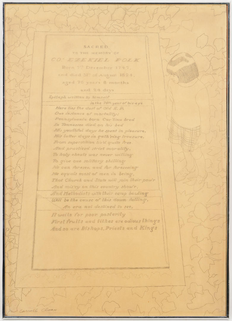 Lot 224: Carroll Cloar Drawing, Epitaph of Ezekiel Polk