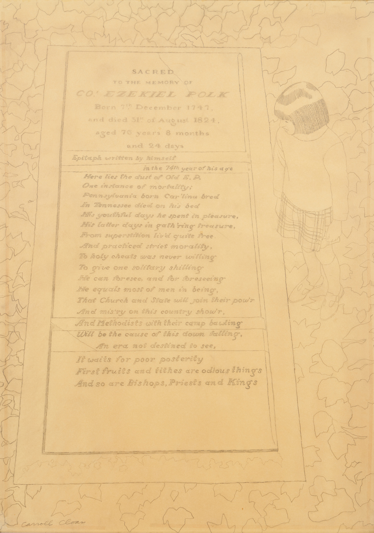 Lot 224: Carroll Cloar Drawing, Epitaph of Ezekiel Polk