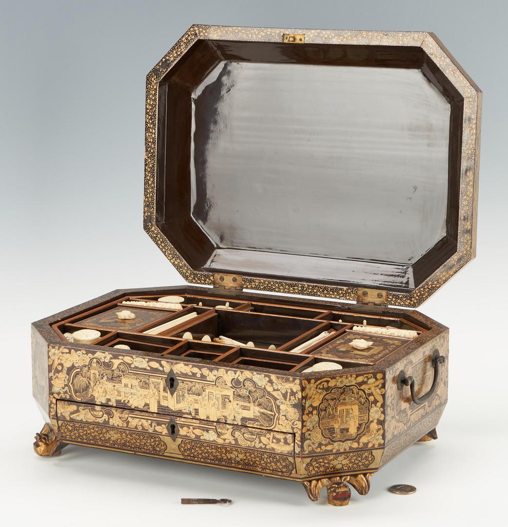 Lot 22: Gilt Lacquer Chinese Export Sewing Box with Contents
