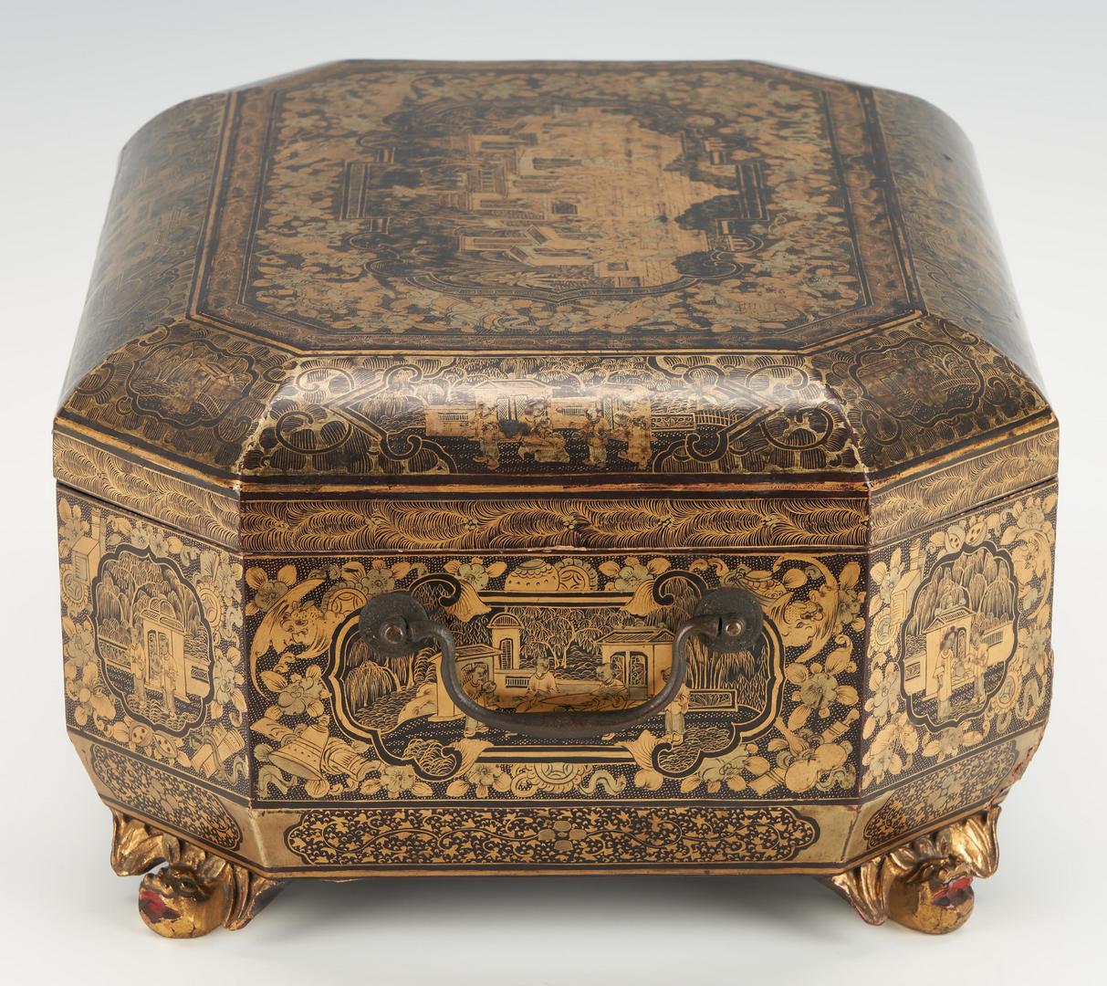 Lot 22: Gilt Lacquer Chinese Export Sewing Box with Contents