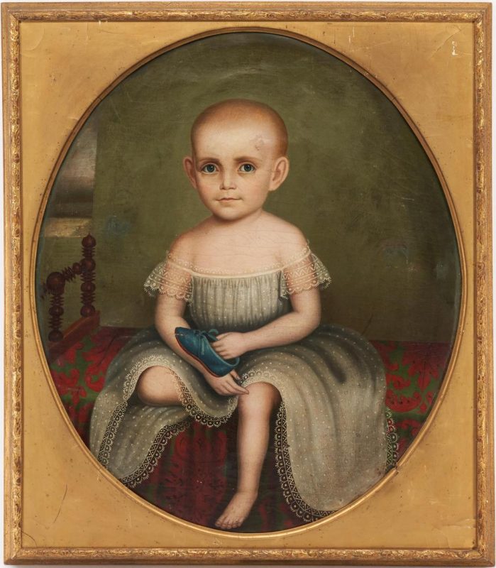 Lot 236: William Shackelford O/C Portrait, Baby with a Blue Shoe