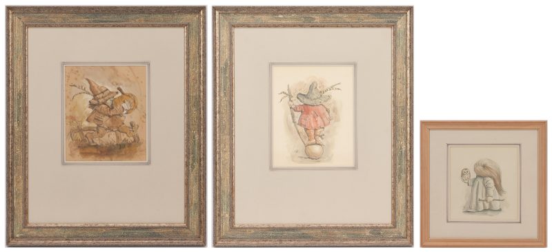 Lot 242: 3 Werner Wildner Gnome Watercolor Paintings