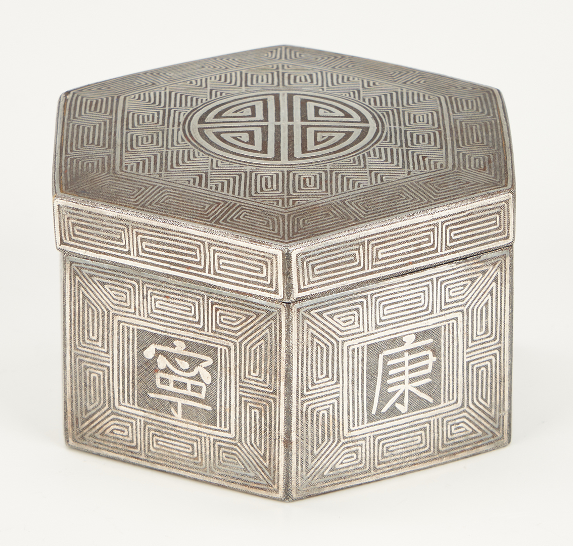Lot 25: Korean Silver Inlaid Hexagonal Box and Cover
