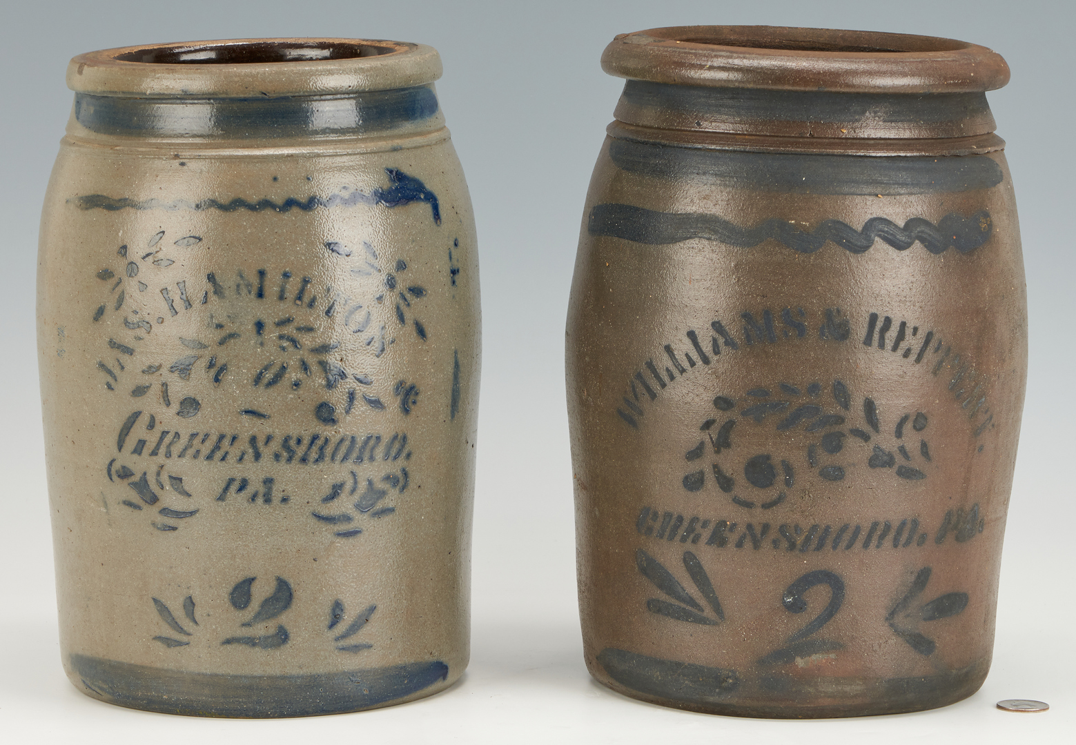 Lot 265: Two (2) Greensboro, PA Cobalt Stenciled &. Decorated Stoneware Jars