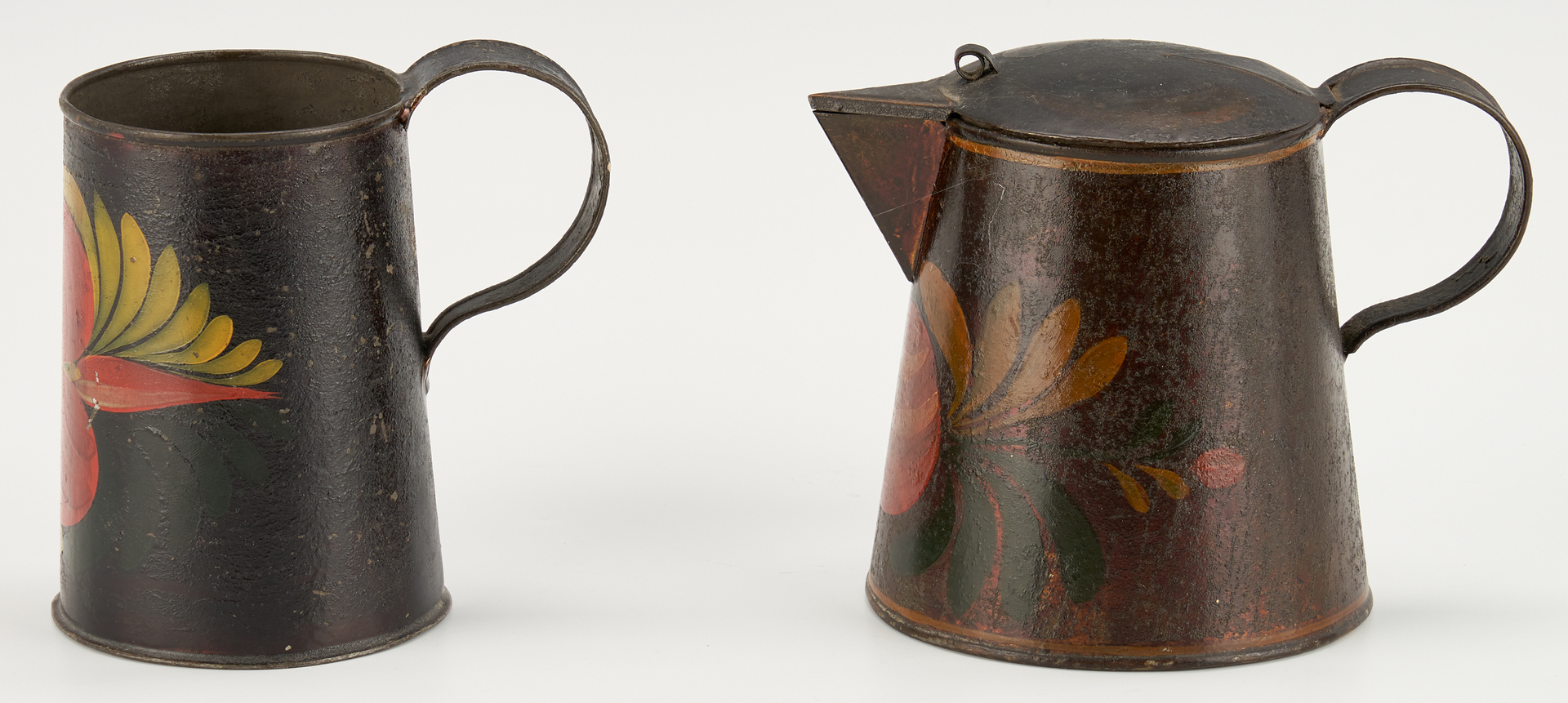 Lot 267: Two Tole Coffee Pots, Jug and Mug, 19th C.