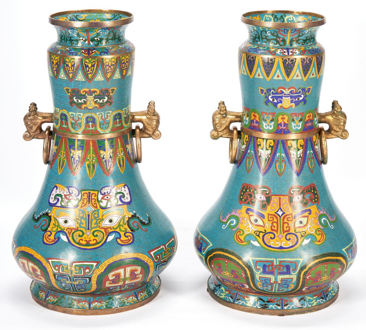 Lot 26: Pair Large Chinese Bronze Mounted Cloisonne Vases