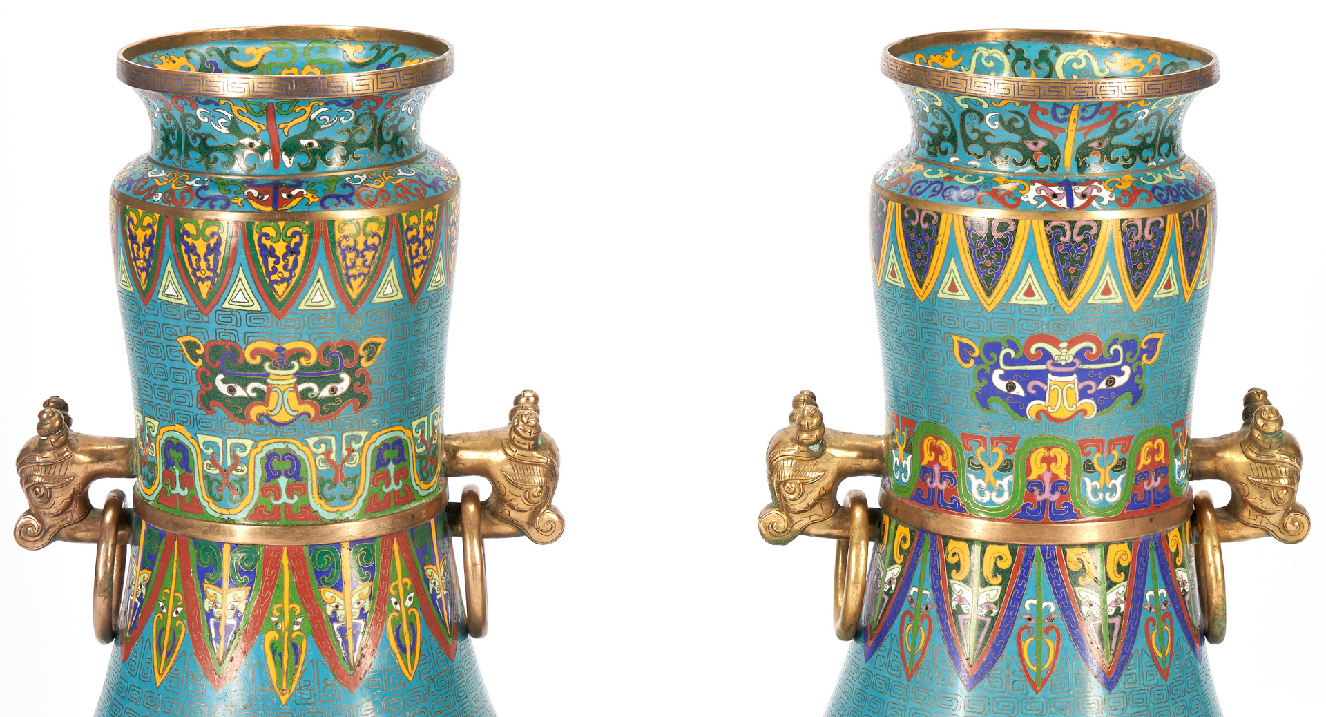 Lot 26: Pair Large Chinese Bronze Mounted Cloisonne Vases