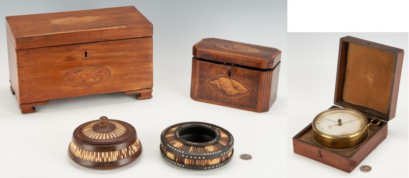 Lot 288: 4 Antique Boxes plus Pocket Barometer