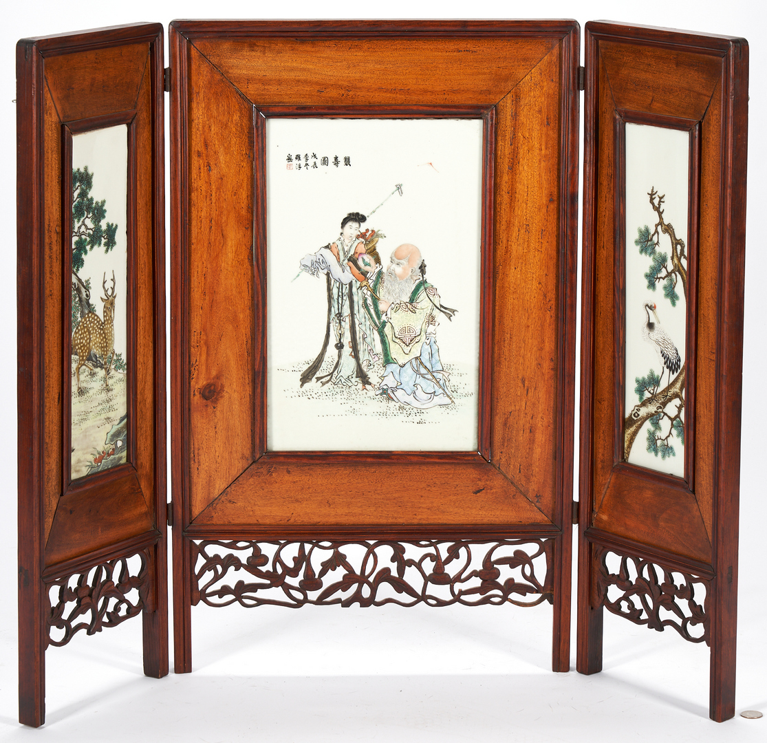 Lot 28: Chinese Hardwood Table Screen with Porcelain Plaques