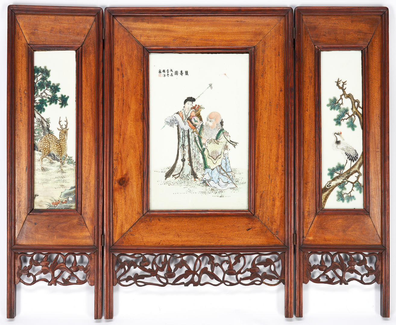 Lot 28: Chinese Hardwood Table Screen with Porcelain Plaques