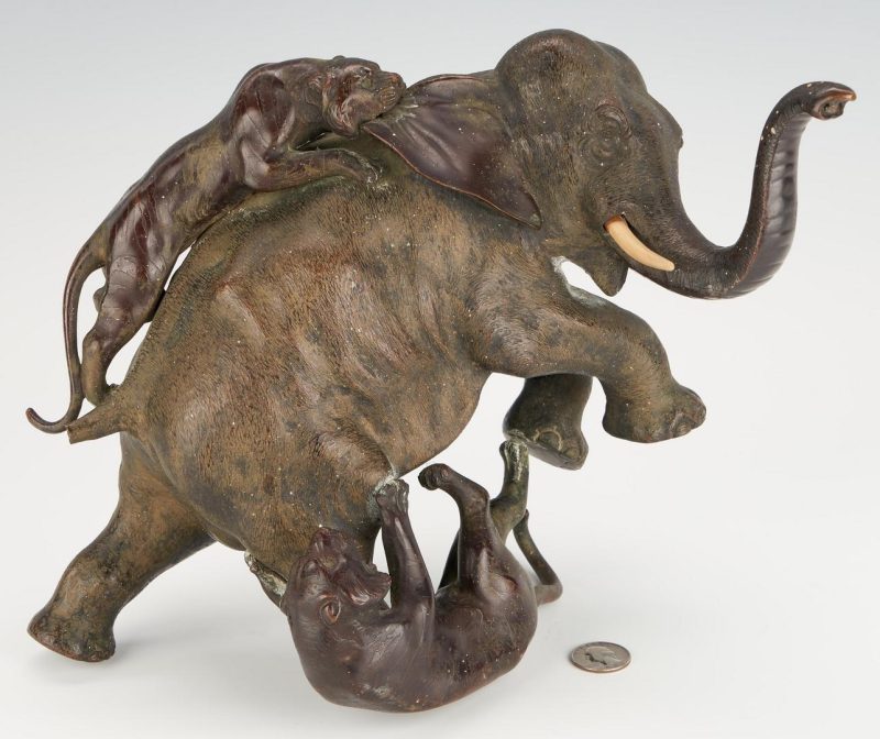 Lot 295: Japanese Meiji Bronze Sculpture, Elephant and Tigers