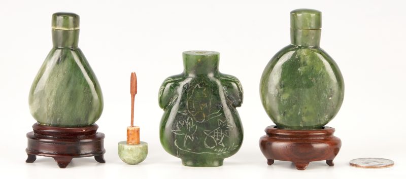 Lot 297: 3 Chinese Spinach Jade Snuff Bottles