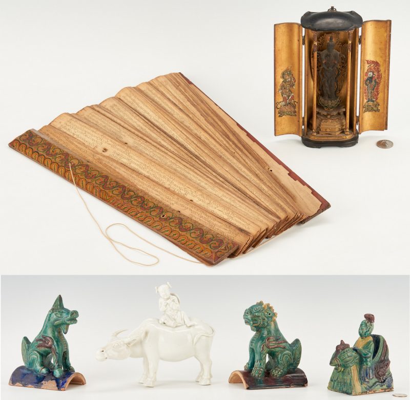 Lot 298: Chinese Roof Tiles plus Travel Shrine and Hindu Prayer Book, 6 items.
