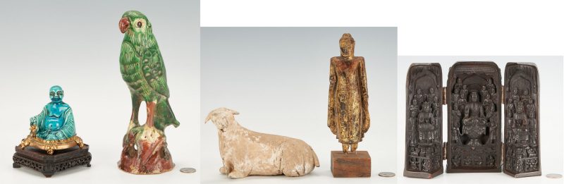 Lot 299: 5 Asian Decorative Items, incl. Earthenware Parrot, Travel Shrine & Giltwood Buddha