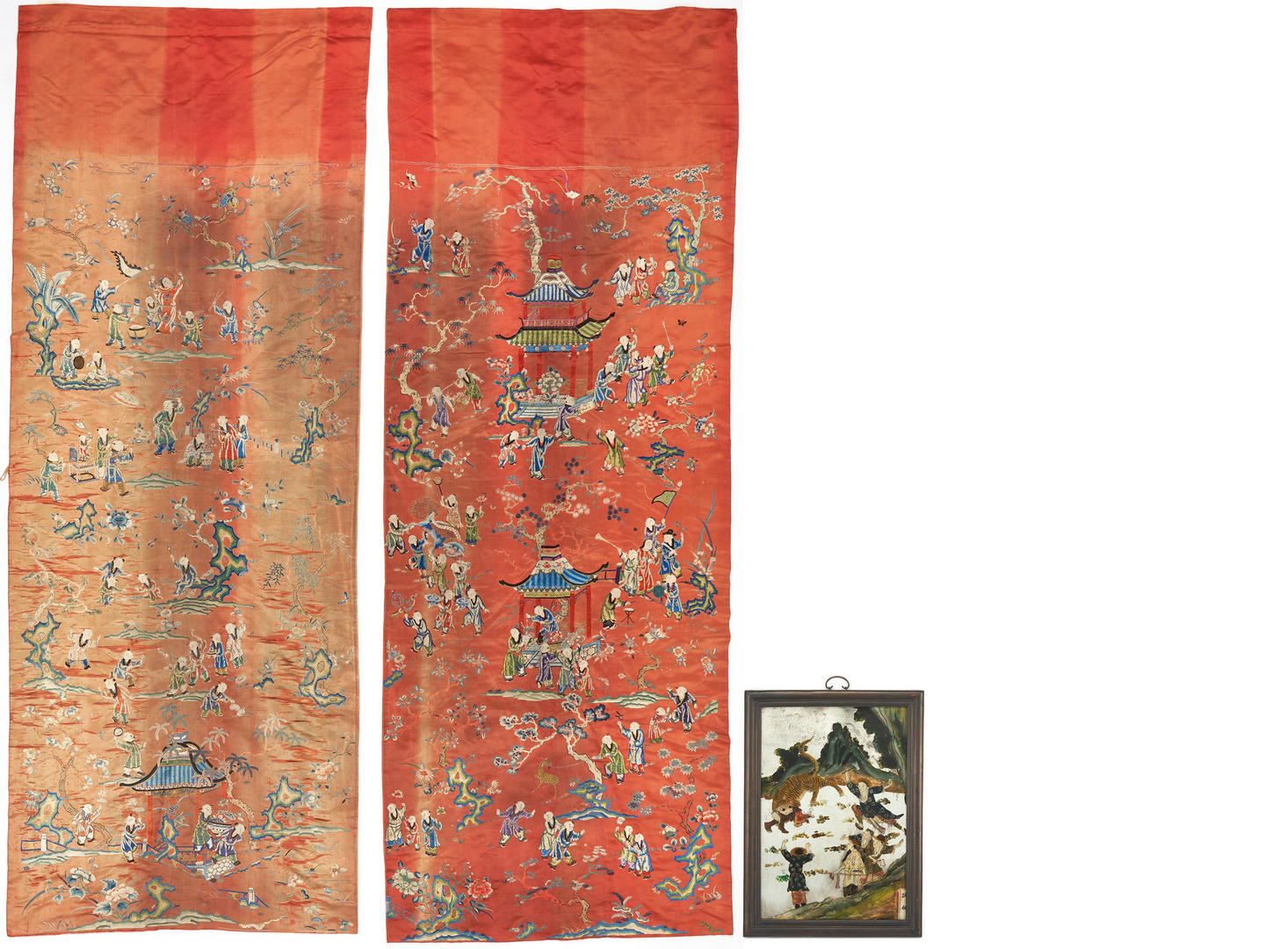 Lot 311: Chinese Embroidered Panels & Reverse Glass Painting, 3 items