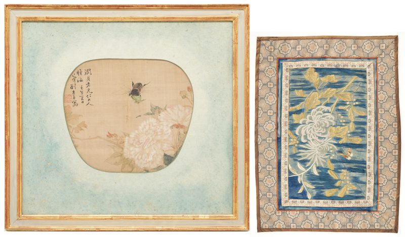 Lot 312: Qing Watercolor on Silk Fan Painting and Embroidery Panel