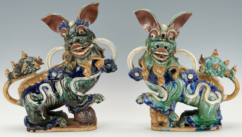 Lot 330: Pair of Large Chinese Guardian or Temple Lion Roof Tiles