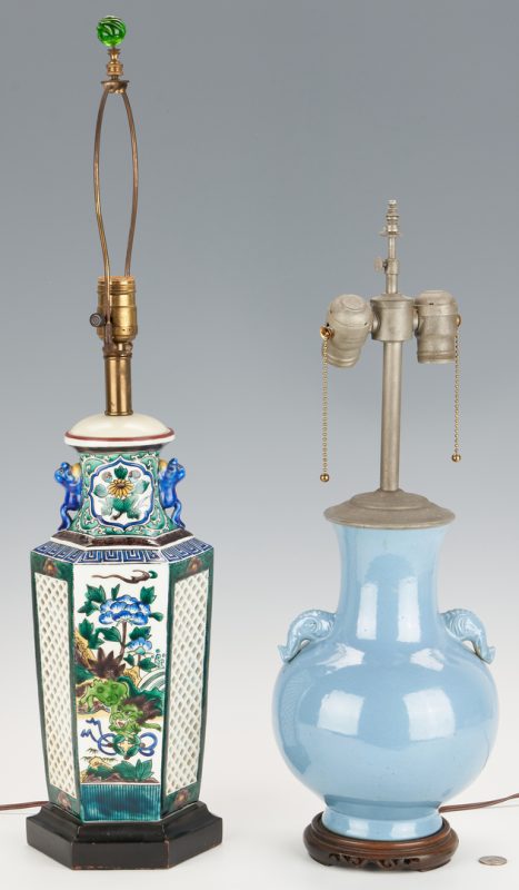 Lot 332: 2 Chinese Porcelain Lamps: Famille Verte and Clair de Lune