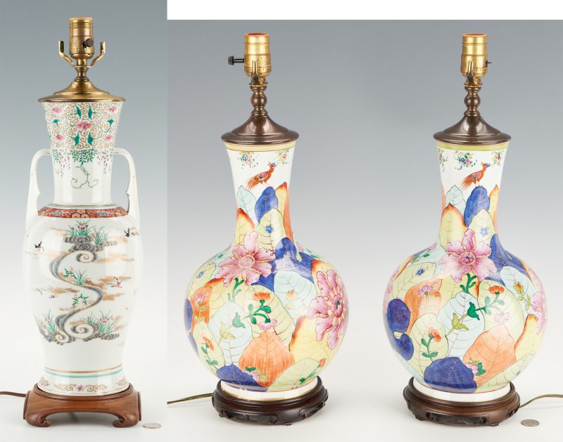 Lot 333: 3 Chinese Export Porcelain Vases, Mounted as Lamps, Tobacco Leaf & Famille Rose